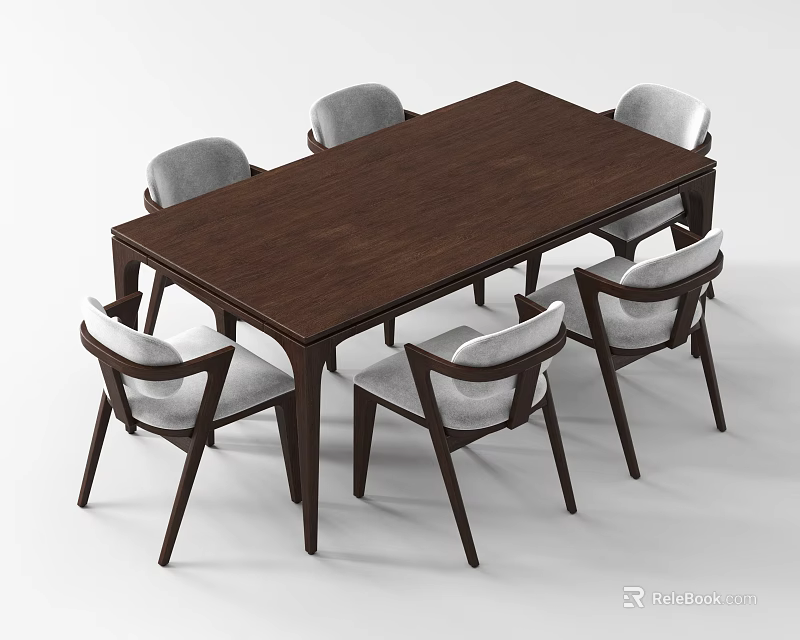 Dining Table Set With Dark Wood Rectangular Table And Six Light Gray Padded Chairs 3d model