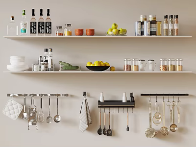 Kitchen Dinnerware and Utensil Set Featuring Wall Shelves Hanging Racks Plates Jars and Spatulas 3d model