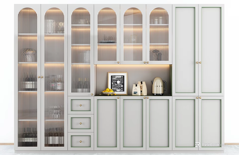 Modern White Wine Cabinet With Glass Display Doors And Storage Cabinets Interior 3d model 
