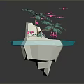 Tropical Floating Island Landscape with Blue Water Palm Trees Pink Flamingos and Flying Pink Birds