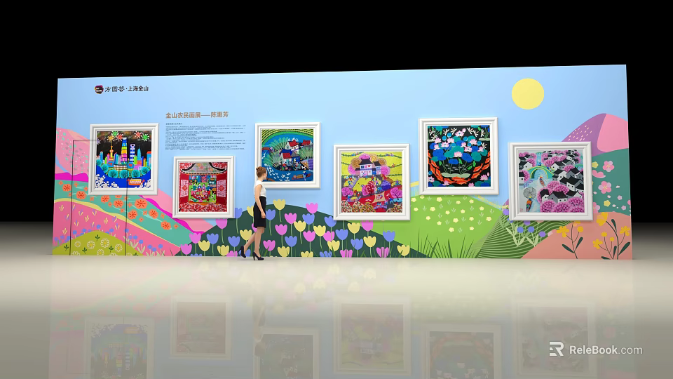Vibrant Photo Spot With Colorful Paintings And Tulip Decorations On Exhibition Wall 3d model 