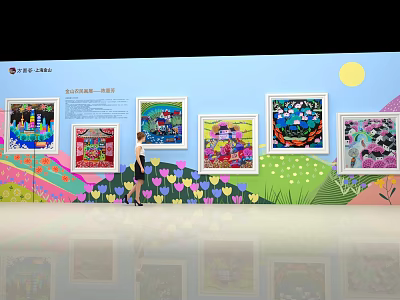 Vibrant Photo Spot With Colorful Paintings And Tulip Decorations On Exhibition Wall 3d model