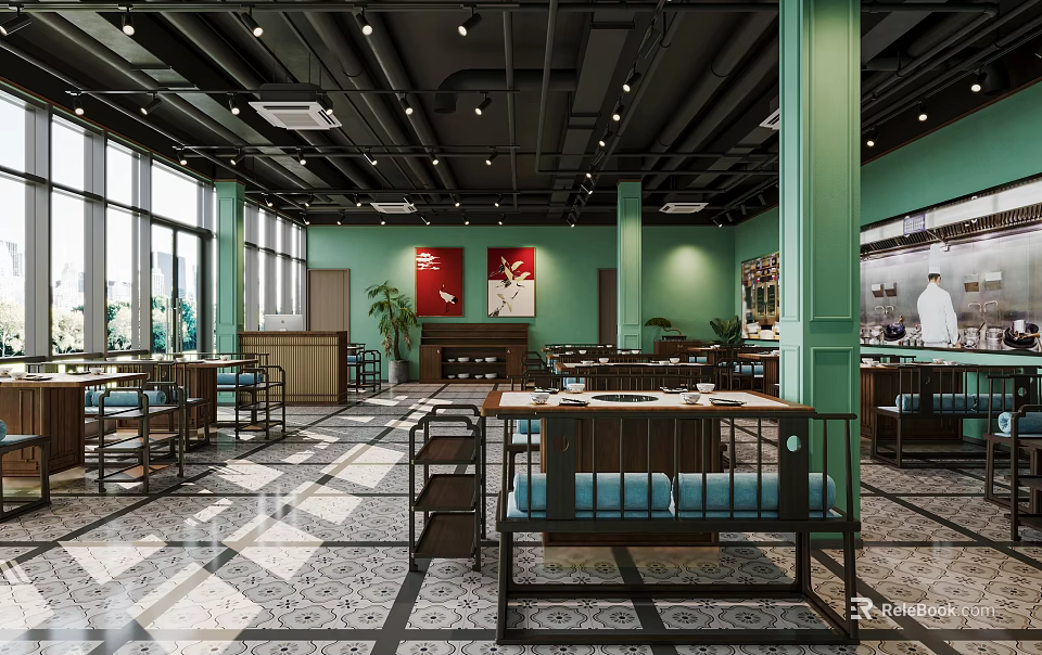 Modern Restaurant Interior With Green Walls Large Windows And Wooden Blue Seats 3d model 