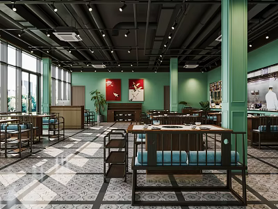Modern Restaurant Interior With Green Walls Large Windows And Wooden Blue Seats 3d model
