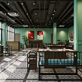 Modern Restaurant Interior With Green Walls Large Windows And Wooden Blue Seats