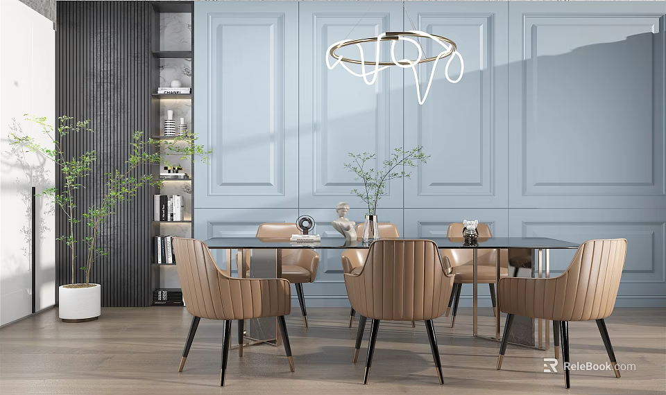 Modern Dining Table Set With Brown Chairs Light Blue Wall And Chandelier 3d model