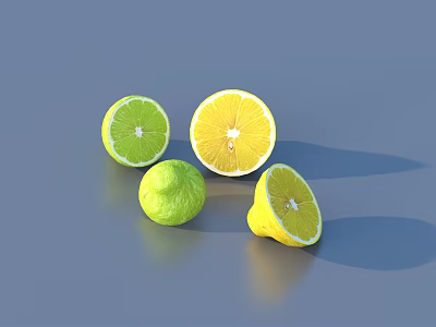 Fresh Juicy Lemons And Limes Including Sliced And Whole Fruits On Gray Surface 3d model