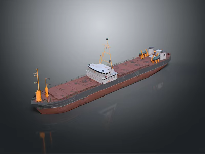 3D Cargo Ship Model with Brown Hull White Superstructure Deck Cranes on Reflective Surface 3d model