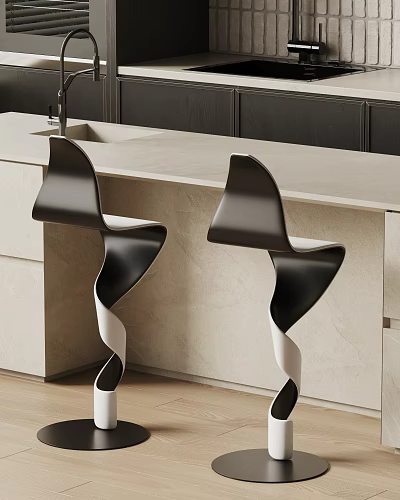 Sleek Modern Bar Counter Interior With Light Stone Top And Black Curved Bar Stools 3d model