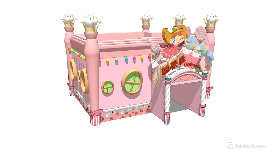 Pink Castle Playhouse With Cartoon Figure Cupcake Shaped Tops And Colorful Decorations 3d model 