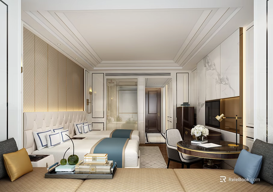 Elegant Classic Hotel Guest Room Interior With Comfortable Bed Side Tables And Soft Lighting 3d model