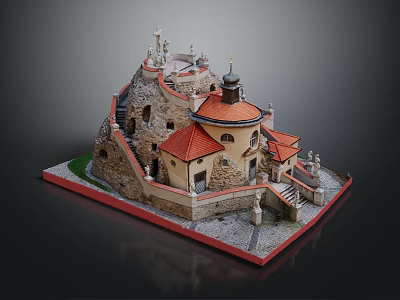 Cartoon Scenery of Detailed Castle Like Building With Red Roofs Dome Statues And Stone Stairs 3d model