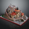 Cartoon Scenery of Detailed Castle Like Building With Red Roofs Dome Statues And Stone Stairs