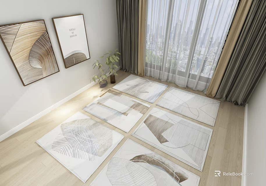 Six Square Rugs With Line Patterns In White And Brown For Modern Room Interior 3d model 