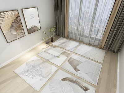 Six Square Rugs With Line Patterns In White And Brown For Modern Room Interior 3d model