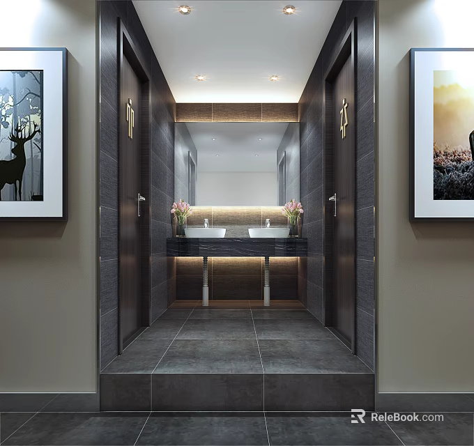 Modern Public Restroom Interior With Double Sinks Mirror Decorative Paintings And Gray Tiled Floor 3d model 
