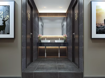 Modern Public Restroom Interior With Double Sinks Mirror Decorative Paintings And Gray Tiled Floor 3d model