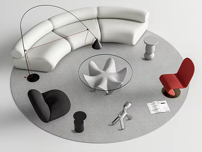 White Curved Sofa and Star Shaped Glass Coffee Table with Red Black Chairs Floor Lamp 3d model
