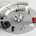 White Curved Sofa and Star Shaped Glass Coffee Table with Red Black Chairs Floor Lamp