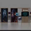 Modern Display Shelves With Art Posters Digital Screens Wooden Frame And Decorative Displays
