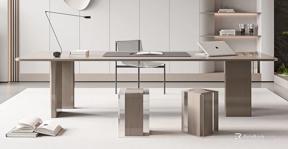Modern Minimalist Desk Interior With Laptop Books Chair And Desk Lamp 3d model 