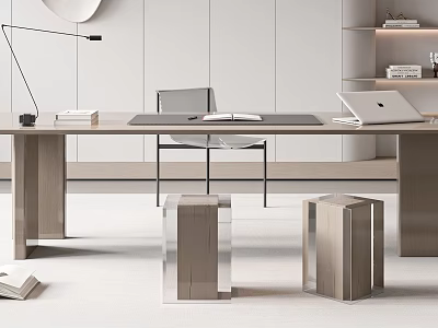 Modern Minimalist Desk Interior With Laptop Books Chair And Desk Lamp 3d model