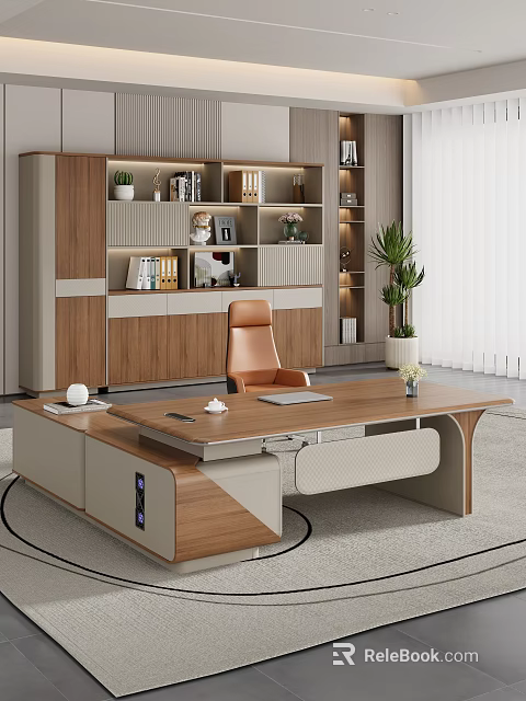 Modern Wooden Office Desk With Office Chair Bookshelf And Green Plant Interior 3d model 
