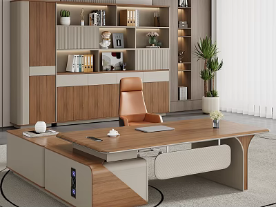 Modern Wooden Office Desk With Office Chair Bookshelf And Green Plant Interior 3d model