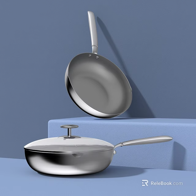 Shiny Stainless Steel Cookware with Frying Pan and Covered Pot Displayed on Blue Platform 3d model 