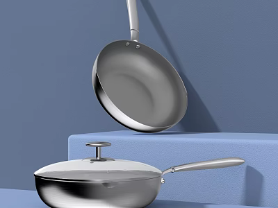 Shiny Stainless Steel Cookware with Frying Pan and Covered Pot Displayed on Blue Platform 3d model