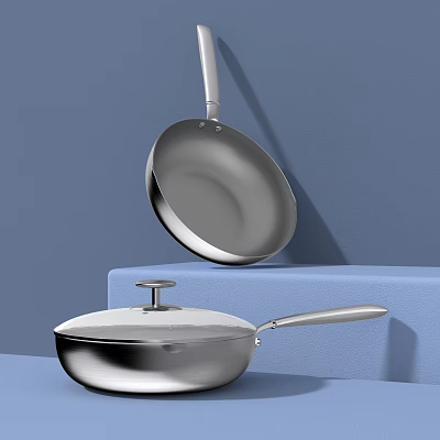 Shiny Stainless Steel Cookware with Frying Pan and Covered Pot Displayed on Blue Platform 3d model