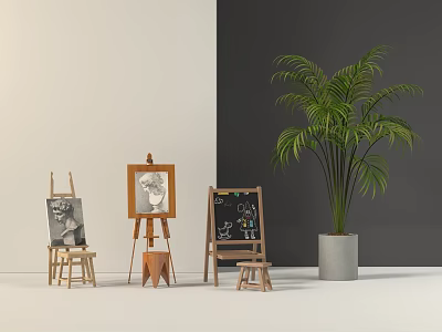 Art Supplies Setup With Easels Drawing Boards Sketches Stools And Palm Plant In Interior Space With Gray White Walls 3d model