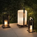 Modern Outdoor Lights on Stone Patio with Green Bushes and Warm Glow