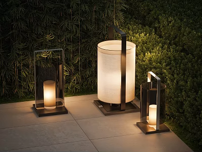 Modern Outdoor Lights on Stone Patio with Green Bushes and Warm Glow 3d model