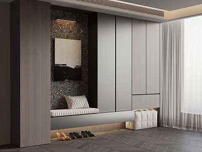 Modern Shoe Cabinet Design With Storage Seat Bench LED Lighting And Decorative Wall 3d model