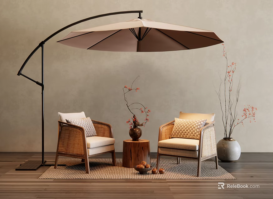Rattan Outdoor Chairs With Cushioned Seats And Umbrella For Garden Decor 3d model 