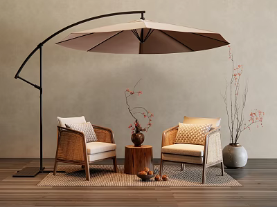 Rattan Outdoor Chairs With Cushioned Seats And Umbrella For Garden Decor 3d model