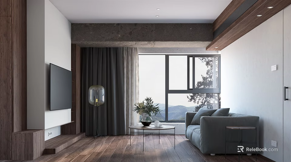 Modern Living Room Interior With Gray Sofa TV Wall Coffee Table And Large Window View 3d model 