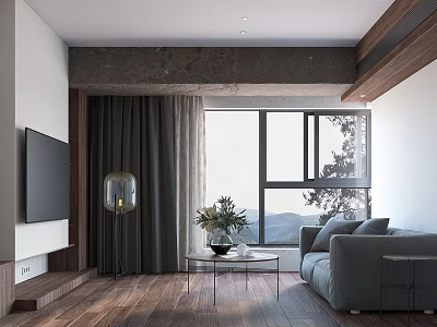 Modern Living Room Interior With Gray Sofa TV Wall Coffee Table And Large Window View 3d model