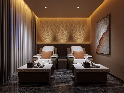 Luxury SPA Sauna Interior With Massage Chairs Side Tables Decorative Painting And Ambient Lighting 3d model