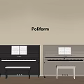 Poliform Black And White Pianos With Sheet Music And Stools On Beige Wall Wooden Floor