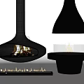 Modern Black Hanging And Tabletop Fireplace Design With Burning Flames And Metal Accessories
