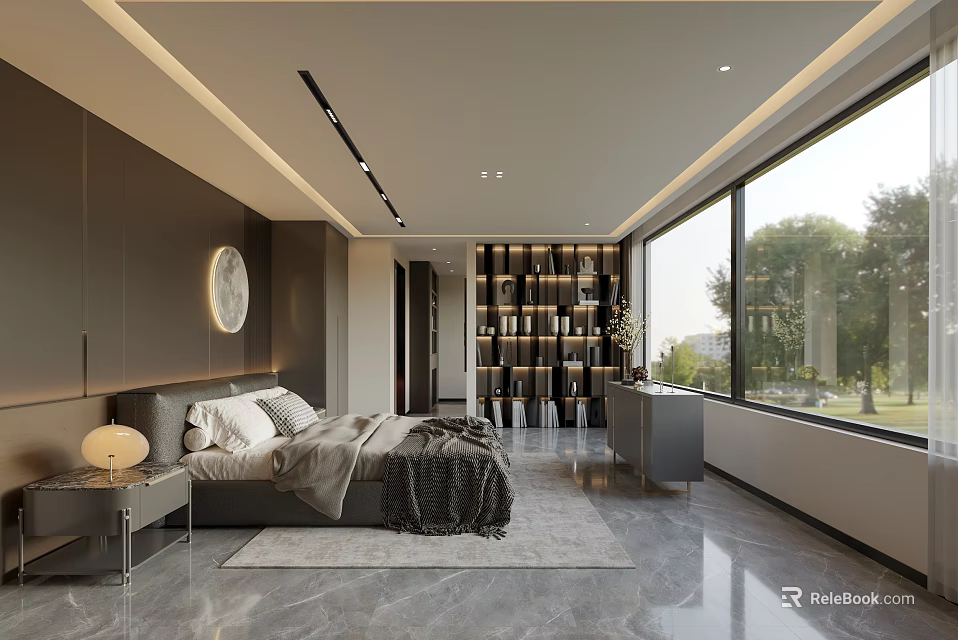 Modern Bedroom Interior With Large Bed Round Mirror Open Bookshelf And Marble Floor 3d model 
