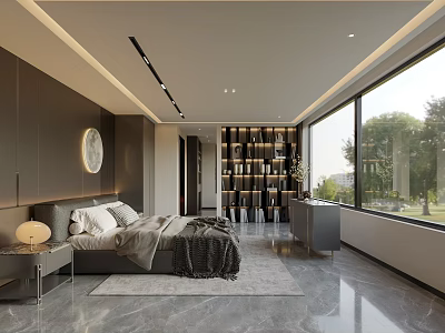 Modern Bedroom Interior With Large Bed Round Mirror Open Bookshelf And Marble Floor 3d model