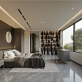 Modern Bedroom Interior With Large Bed Round Mirror Open Bookshelf And Marble Floor