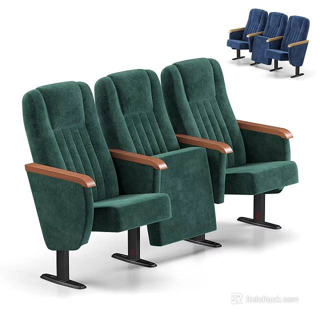 Three Comfortable Green Cinema Seats With Wooden Armrests And Modern Design 3d model 