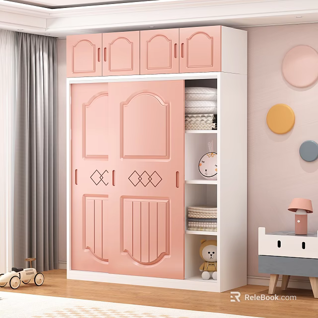 Pink Wardrobe with Double Doors Diamond Patterns White Top Cabinets Shelves and Round Wall Decor 3d model 