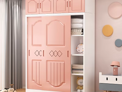 Pink Wardrobe with Double Doors Diamond Patterns White Top Cabinets Shelves and Round Wall Decor 3d model
