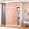 Pink Wardrobe with Double Doors Diamond Patterns White Top Cabinets Shelves and Round Wall Decor