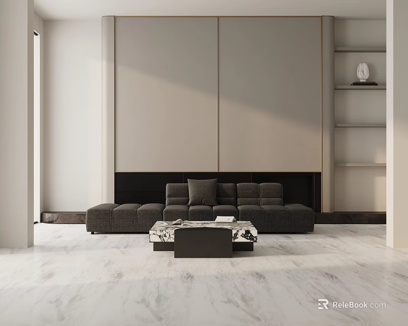 Modern Three Seater Sofa In Stylish Living Room With Coffee Table And Marble Floor 3d model 